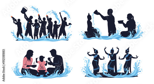 Silhouettes of Thai cultural celebrations including Songkran water festival and traditional dance