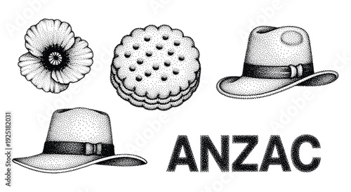 Anzac Day symbols: poppy, biscuit, and slouch hats in stipple art style