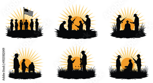 Silhouettes of soldiers and American flag against a sunburst background