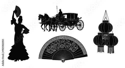 Collection of black silhouettes: flamenco dancer, horse carriage, ornate fan, and lanterns