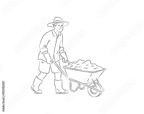 Minimalist line art illustration of a male gardener or farmer in a sun hat pushing a wheelbarrow filled with soil, isolated on a white background.
