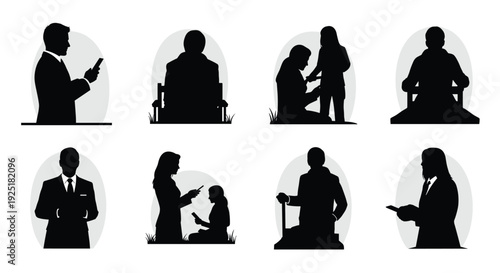 Diverse silhouettes of people interacting with smartphones in various settings and poses