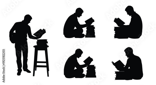 Silhouettes of men reading books, some sitting on the floor and one standing by a stool