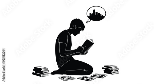 Silhouette of a person reading a book and dreaming of a city skyline