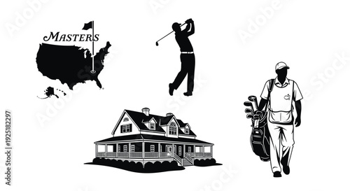 Masters golf tournament icons: USA map, golfer, caddie, and clubhouse