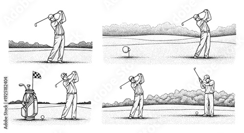 Golfer swinging club on a golf course, showing different stages of the game