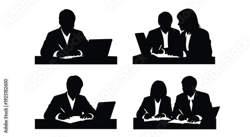 Business professionals in silhouette working at desks with laptops and writing notes