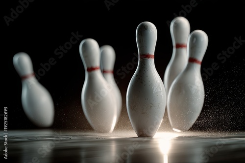 Bowling Pins in Dramatic Slow Motion Action, Capturing a Strike Moment