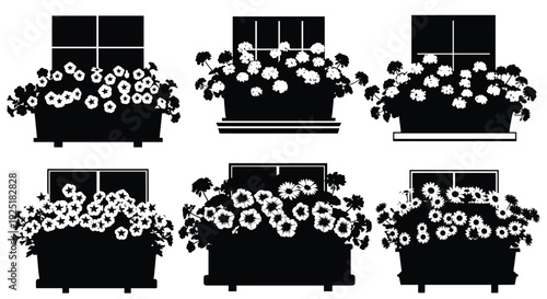 Collection of black and white silhouette illustrations of window boxes filled with blooming flowers