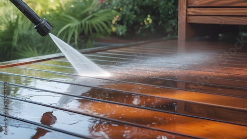 Pressure washing wooden deck with high pressure water spray, outdoor home cleaning, maintenance and restoration concept, removing dirt, patio care, residential hygiene illustration
