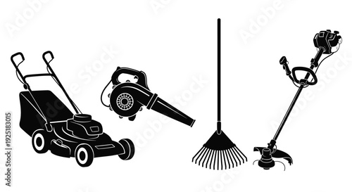 Collection of black silhouette garden tools including a lawnmower, leaf blower, rake, and trimmer