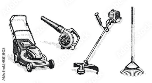 Collection of gardening tools including a lawn mower, leaf blower, string trimmer, and rake