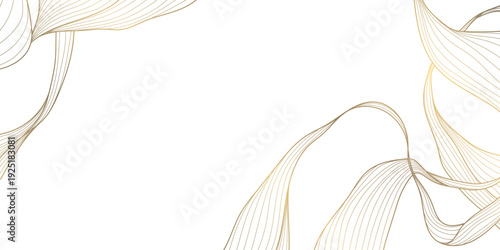 Elegant gold line pattern with abstract waves, delicate floral leaves on white. Luxury vector background illustration, Japanese ornament, art deco style, wedding card, wine label, premium packaging