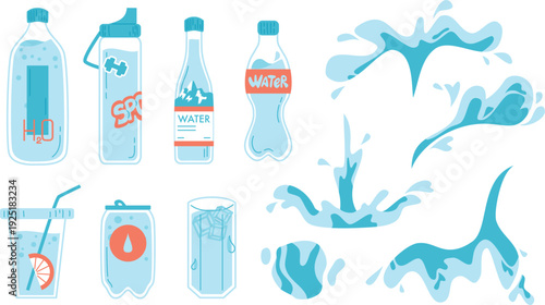 Water Bottle Set and Splash Elements Hydration Drink Vector Collection
