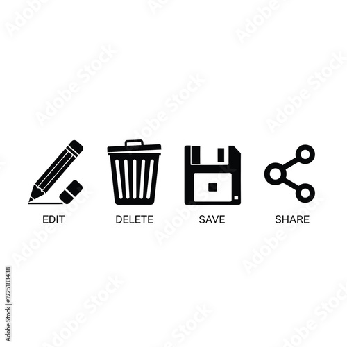 Set of 4 black vector edit delete save share icons
