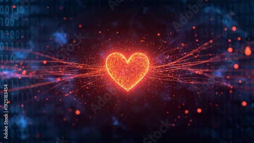 Glowing digital heart with light particles and data pattern on dark blue background