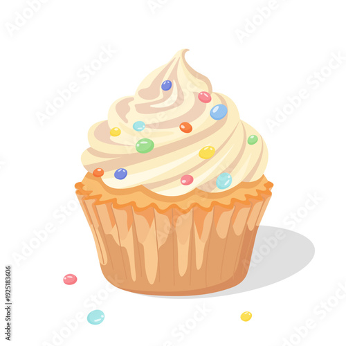 Vector cupcake illustration with frosting and glaze, flat design, dessert concept, sweet treat, bakery icon, digital art for posters, web, social media, and packaging.