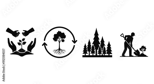 Set of icons representing planting, growth, forest, and reforestation efforts