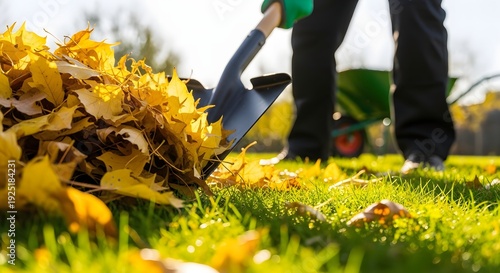 Low Angle View of a Shovel Scooping Autumn Leaves from Green Grass