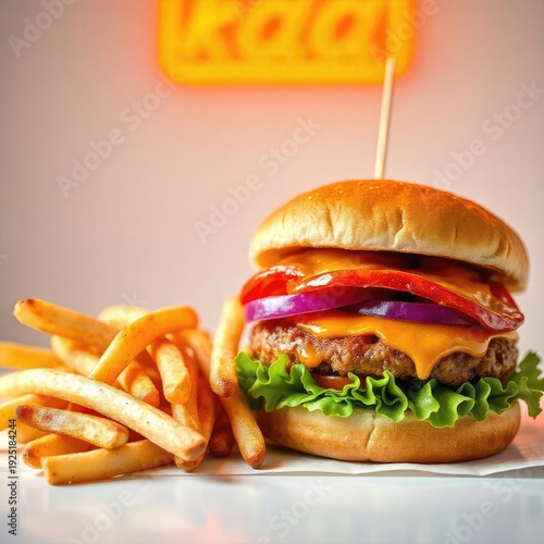 Gourmet cheeseburger on a toasted sesame seed bun with a side of golden fries