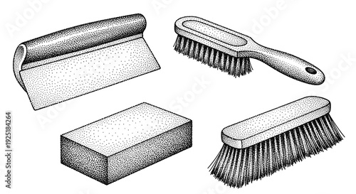 Set of four cleaning tools including a scraper, a block, and two brushes