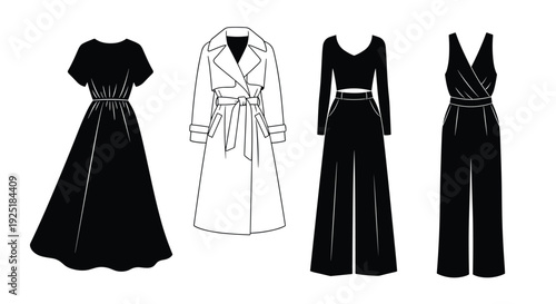 Collection of elegant black and white fashion outfits and outerwear