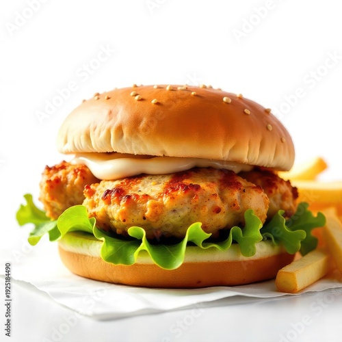 Gourmet cheeseburger on a toasted sesame seed bun with a side of golden fries