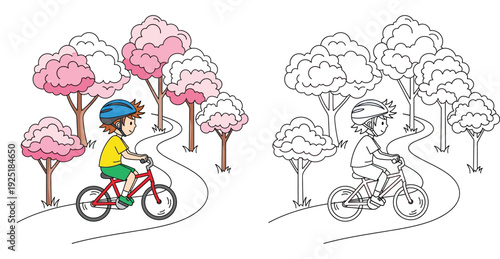 Cute boy riding bicycle in spring park with cherry blossom trees, color and black and white outline vector illustration for kids coloring book page