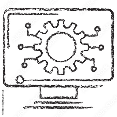 Vector icon of AI system integration and computerized automation. Dark brown charcoal sketch on transparent background. Features a gear inside a monitor with circuit nodes