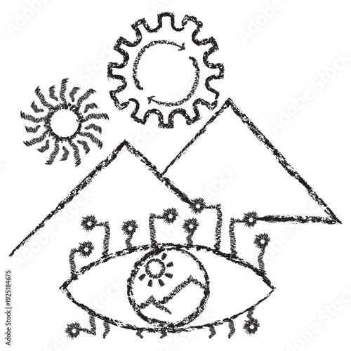 Vector icon of AI computer vision and image recognition. Dark brown charcoal sketch on transparent background. Features an electronic eye scanning landscapes with gears