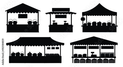Collection of black silhouette market stalls displaying fresh produce and goods