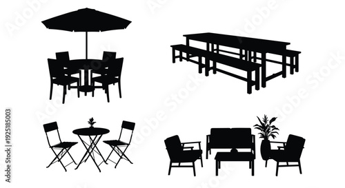 Collection of outdoor furniture silhouettes including dining sets, benches, and patio seating