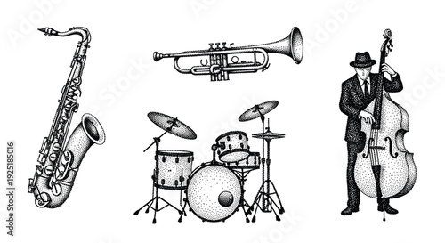 Vintage jazz band instruments and musician illustration in stipple art style