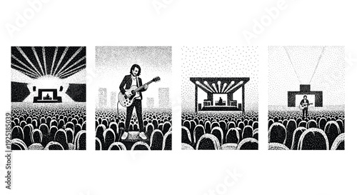 Live concert performance with a guitarist on stage in front of a large audience