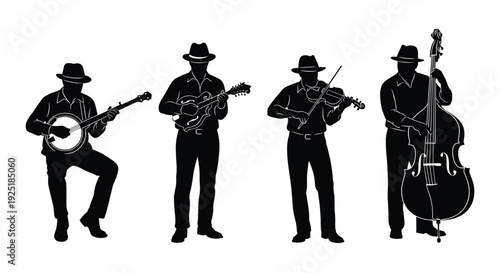 Silhouette of a bluegrass band playing banjo, mandolin, fiddle, and upright bass
