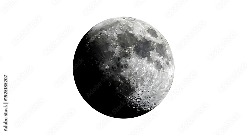 Fototapeta premium Half Moon Detailed Lunar Surface On Isolated Transparent Background