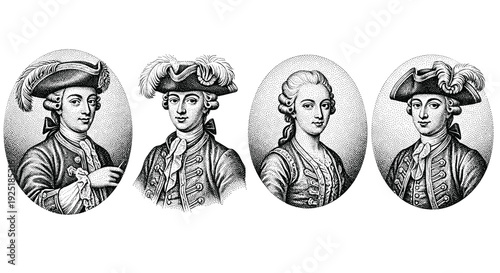 Four oval portraits of 18th-century men and women in historical attire and hats