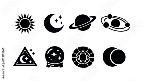 Cosmic astrology icons. Filled icon set of Cosmic astrology icons: sun rays emblem, moon and stars, planetary