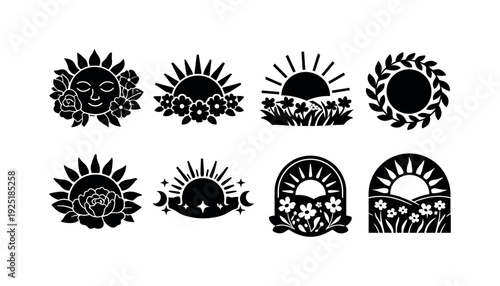 Boho Sun Icons. Boho sun floral illustration. Filled icon set of Boho sun floral illustration: sun face with