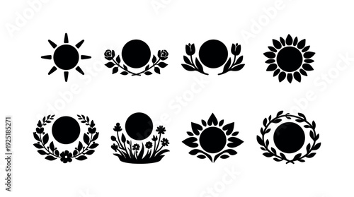 Floral sun line art. Filled icon set of Floral sun line art: simple sun outline, sun with rose branches, sun