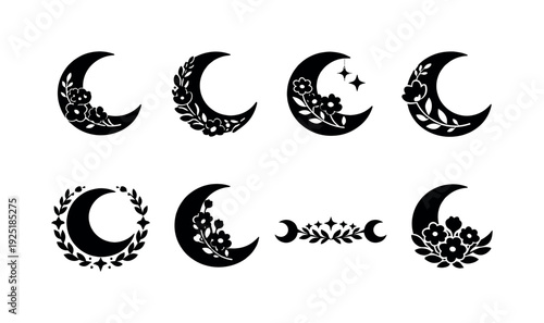 Celestial floral outline icons. Filled icon set of Celestial floral outline icons: moon and flower branch,