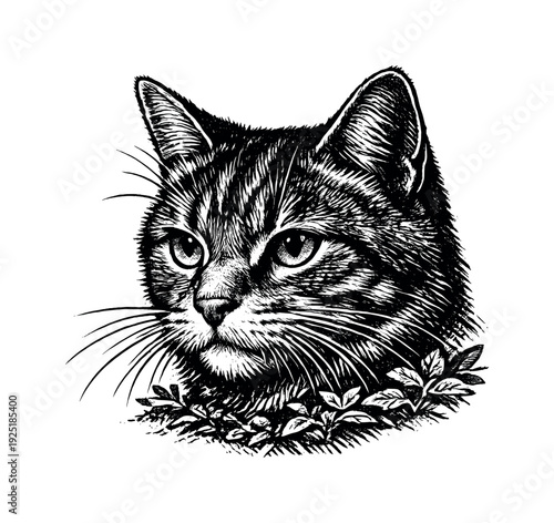 Vintage Cat Engraving. Close-up of a cat’s head with whiskers sharply defined, subtle garden foliage suggested