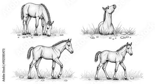Collection of four detailed stippling illustrations of young horses in various poses on a white background