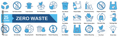 Zero Waste icon set Blue Monochrome Flat concept for vector illustration concept for reusing, eco, reuse, energy, zero, waste, plastic, green, stroke, bio, city, environment