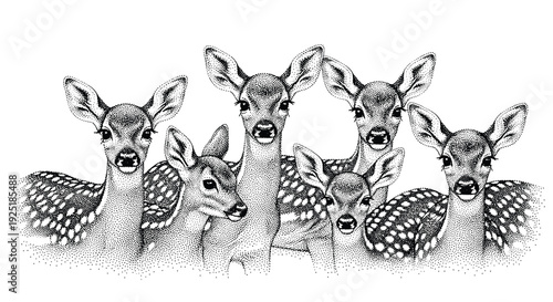 Charming group of spotted fawns in a stippled illustration, looking curious and alert