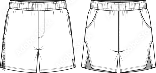 Fashion illustration, athletic shorts design, elastic waistband, side pockets, mesh inserts, curved panels, garment construction, apparel drawing, clothing pattern, sportswear