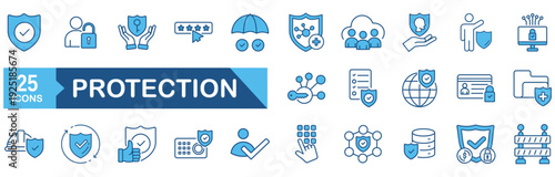 Protection icon set Blue Monochrome Flat concept for vector illustration concept for security, shield, safety, line, lock, cyber, secure, safe, datum, privacy
