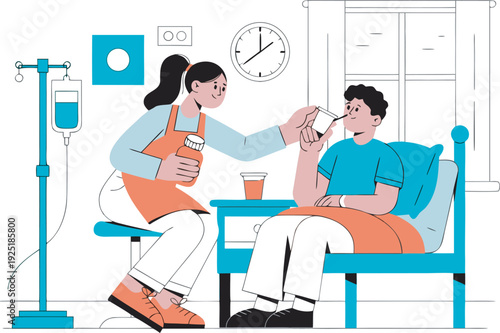 Nurse Giving Medicine to Patient in Hospital Room Vector Healthcare Illustration