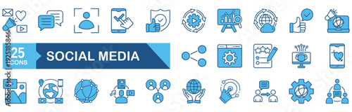 Social Media icon set Blue Monochrome Flat concept for vector illustration concept for social, network, digital, like, content, design, save, post, share, censoring, news, comment, communication