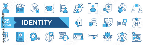 Identity icon set Blue Monochrome Flat concept for vector illustration concept for identity, biometric, face, recognition, scan, fingerprint, access, identification, verification, digital